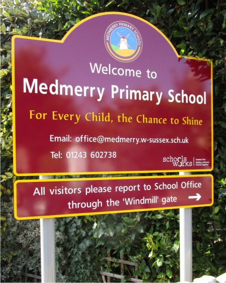 Aluminium Post Mounted School Sign at Medmerry Primary School